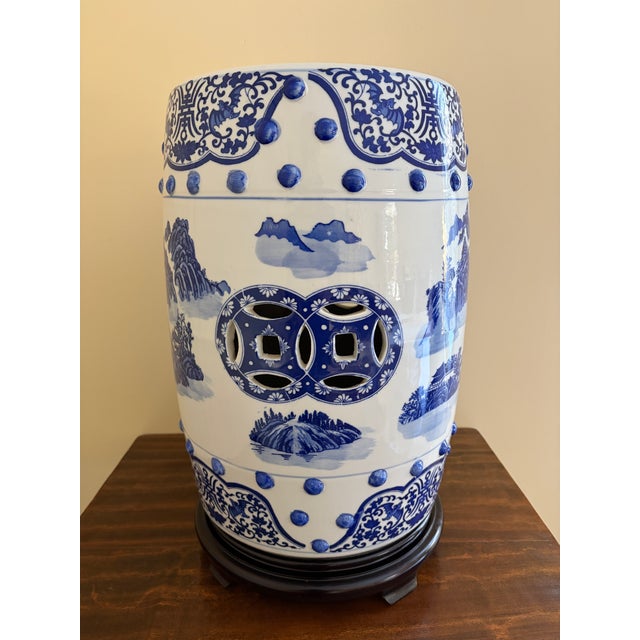Blue Late 20th Century Chinoiserie Blue and White Porcelain Garden Stool or Side Table on Wooden Stand For Sale - Image 8 of 12