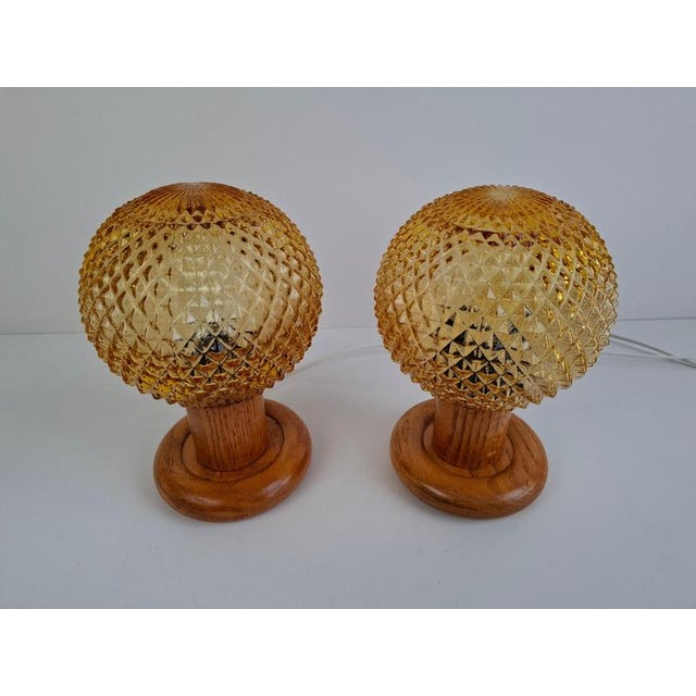 Mid-Century Modern Table Lamps with Amber Glass and Wood Base, Czechoslovakia, 1980, Set of 2 For Sale - Image 16 of 17