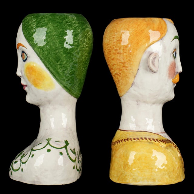 Italian Pair Italian Horchow Faience Ceramic Busts Vintage Mid Century For Sale - Image 3 of 9