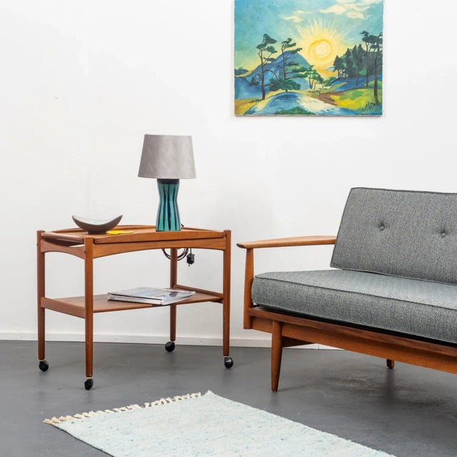 Original 1960s table lamp with green-blue ceramic base and new silver lampshade. European Plug (up to 250V).The wiring of...