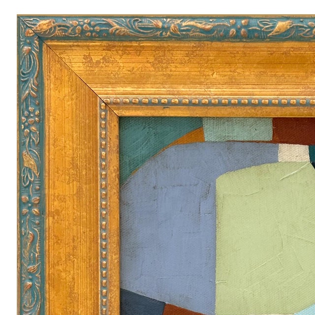 Various Artists Contemporary Teal Blue Abstract Oil Painting in Vintage Gold Frame For Sale - Image 4 of 6