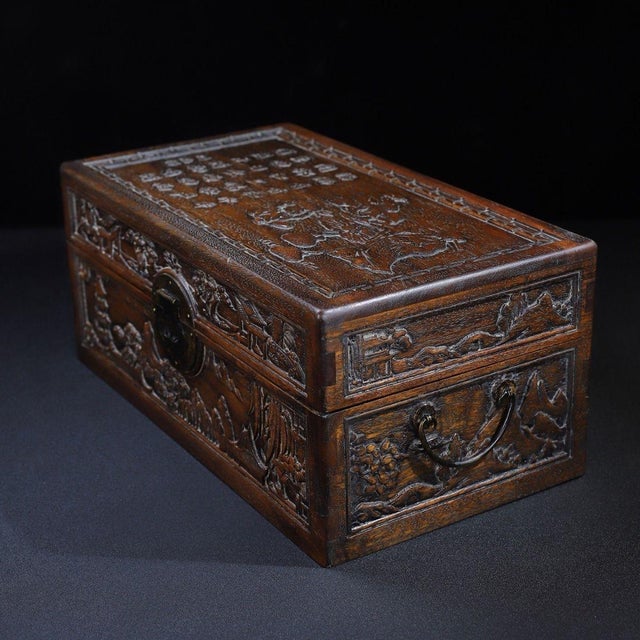 Huali Rosewood Box Carved With Landscape & Poetry For Sale - Image 4 of 10