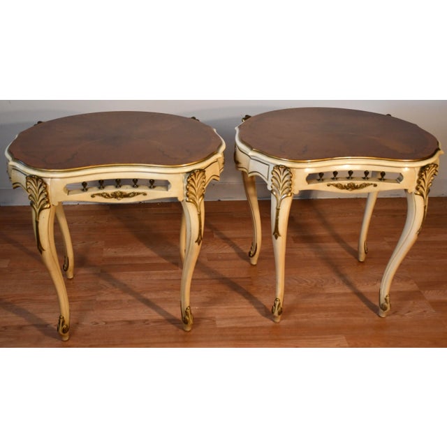 1930 French Hand Painted Solid Mahogany & Satinwood Inlay Pair Side End Tables For Sale - Image 13 of 13