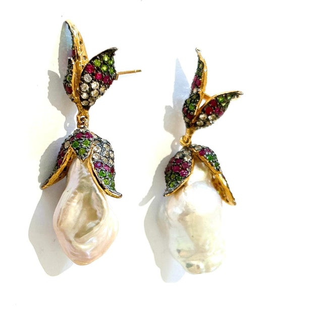 English Bochic "Orient" Ruby, Topaz & Multi Fancy Gem Earrings Set In 18K Gold & Silver For Sale - Image 3 of 8