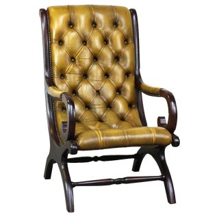Cowhide Leather Chesterfield Armchair with Wood For Sale