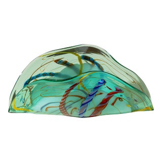 Viz Art Glass Green Fan Sculptural Blown Glass Vessel For Sale