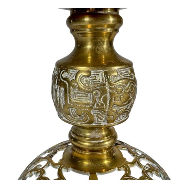 1970s Pair of Vintage Asian Ornate Brass Candle Holders For Sale - Image 5 of 6