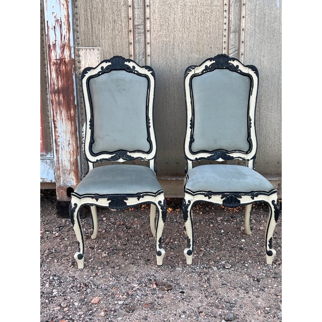 Pair of Early 20th Century Handpainted French Napoleon III Style Painted Side Chairs With New Velvet Upholstery For Sale - Image 11 of 11