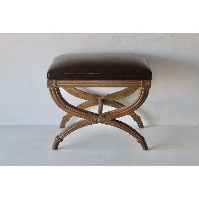 French Vintage Louis XVI Style Wood Frame X Base Bench Faux Burl Wood Seat For Sale - Image 3 of 18