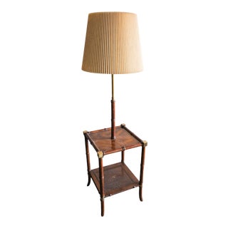 Vintage Bamboo Caned Floor Lamp Table with Side Table For Sale