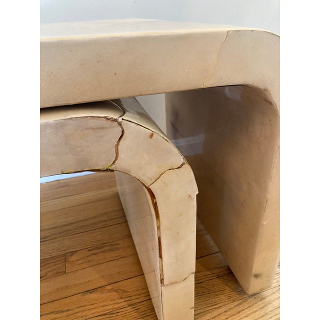 1970s Waterfall Style Folding Swivel Goatskin Mosaic Coffee Table Manner of Karl Springer For Sale - Image 11 of 12
