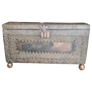 Incredible Very Old Spanish Trunk Encrusted With Brass Decorative Tacks