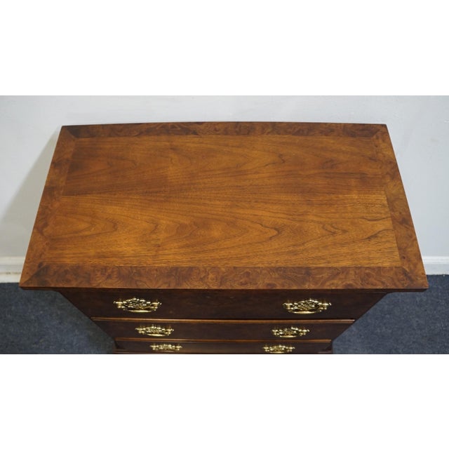 Late 20th Century Baker Furniture Solid Burled Walnut Traditional Chippendale Style 30" Three Drawer Nightstand For Sale - Image 9 of 12