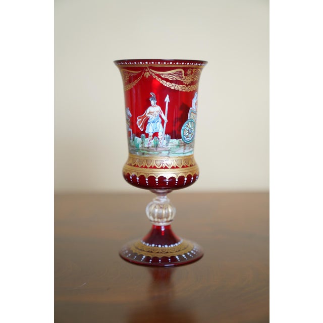 Vintage Italian Murano Hand Enameled Ruby Glass Chalice For Sale - Image 4 of 9