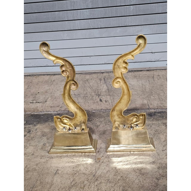 Late 20th Century Virginia Metalcrafters Pair of Brass Dolphin Andirons For Sale - Image 12 of 13