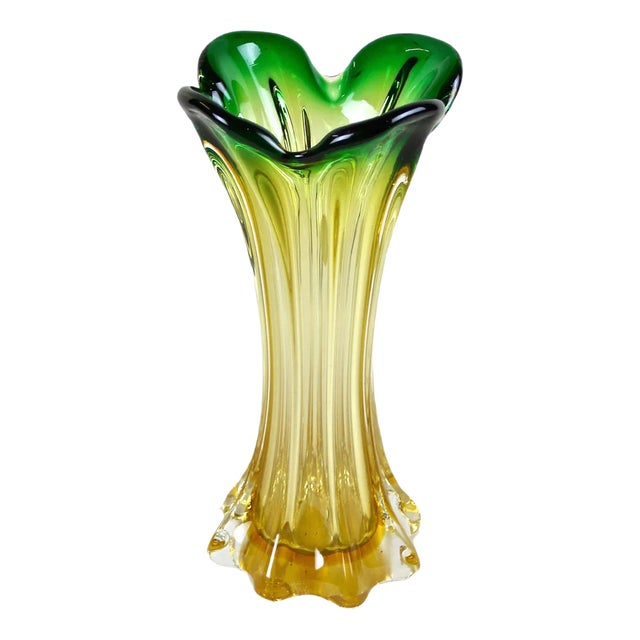 工芸品 Murano Glass Vase (Green & Yellow) Dissette - Green Murano Glass Vase 