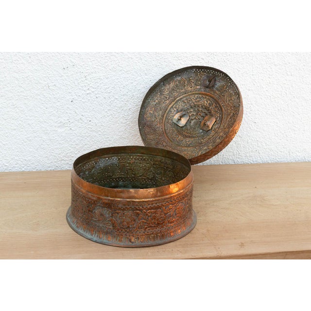 Metal Antique Pierced Copper Indian Dowry Box For Sale - Image 7 of 11