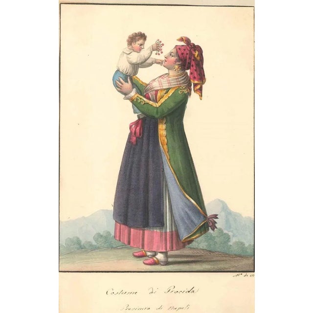Watercolour on paper stuck on ivory colored cardboard, 1820 c.a. Hand-titled ''Costume di Procida'' with a caption...