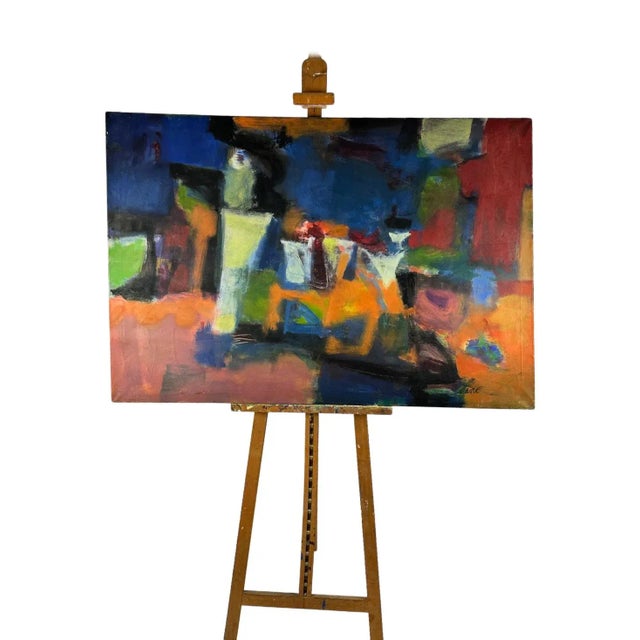 A stunning 1950 large scale abstract oil on canvas by listed artist Marion Lane. Labeled on Verso. signed verso and recto....