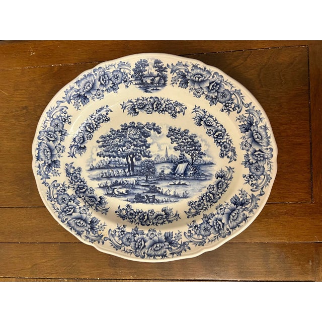 Farmhouse 1980s Vintage Blue Country Scene Platter by Myott Staffordshire For Sale - Image 3 of 5