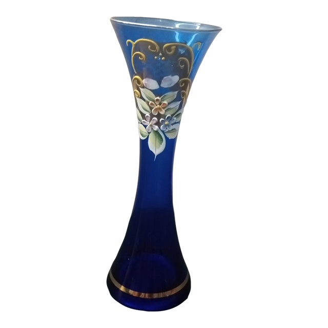 1970s Hand Painted Czech Bohemian Cobalt Blue Glass Bud Vase For Sale