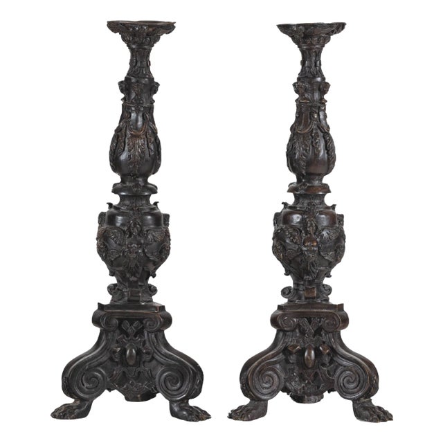 Baroque-Style Ornate Metal Candlesticks with Cherub, Volute and Garland Motifs - set of 2 For Sale