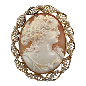 Victorian 10k Gold Carved Cameo With Seed Pearl Twisted Bezel