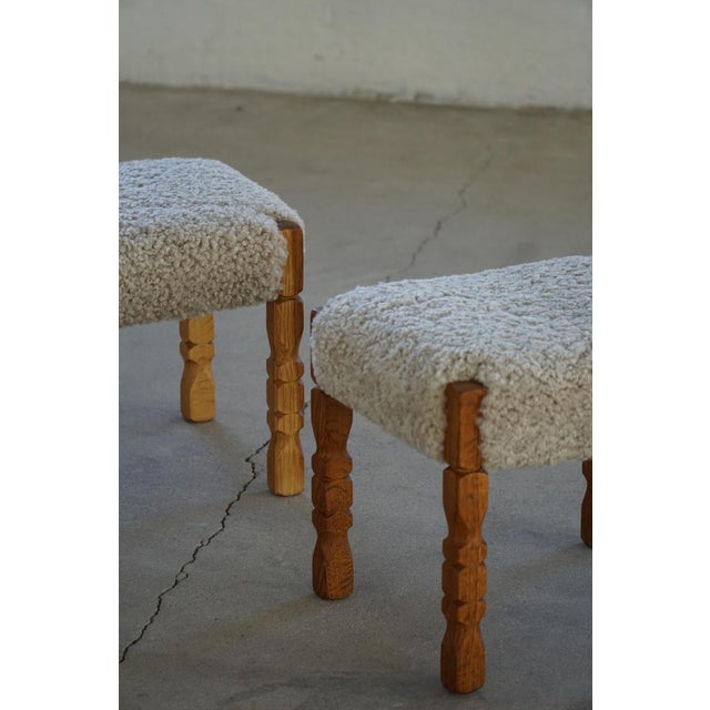 Brown Mid-Century Modern Danish Oak Stools with Lambswool Upholstery from Henning Kjærnulf, 1950s, Set of 2 For Sale - Image 8 of 14