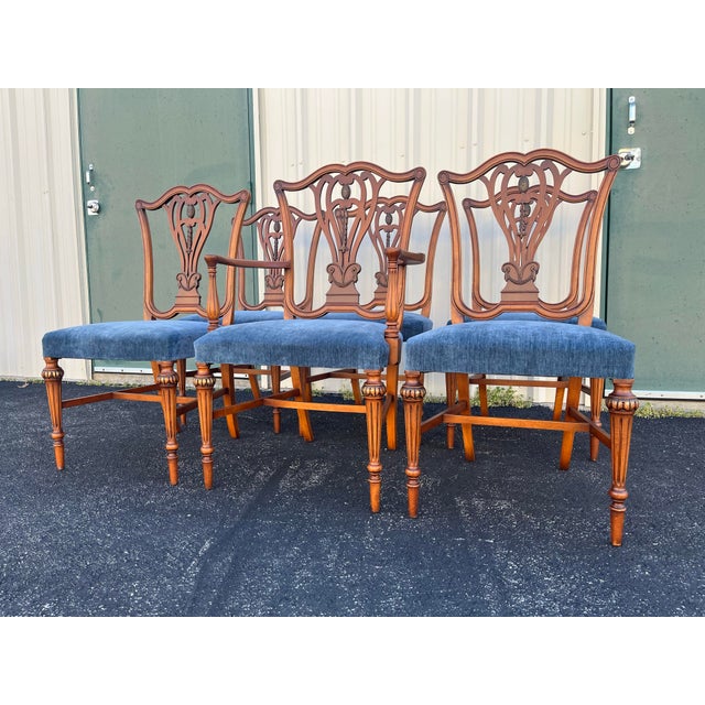French 1930's Saginaw Furniture Louis XVI Walnut Dining Chairs- Set of 6 Newly Reupholstered For Sale - Image 3 of 12