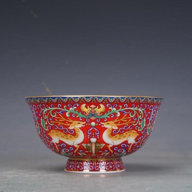 Mid 20th Century Enameled 6 Porcelain Bowls With Box – Famille Rose Style Deer & Floral Motif - 7 pcs For Sale - Image 9 of 18