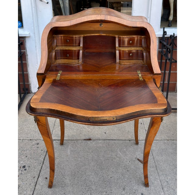 Wood Antique Petite French Inlaid Secretary Desk For Sale - Image 7 of 9