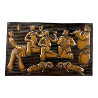 Vintage Abstract Soviet Folk "Men Playing Instruments" Copper Wall Art For Sale
