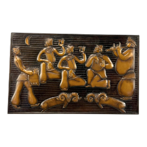 Vintage Abstract Soviet Folk "Men Playing Instruments" Copper Wall Art