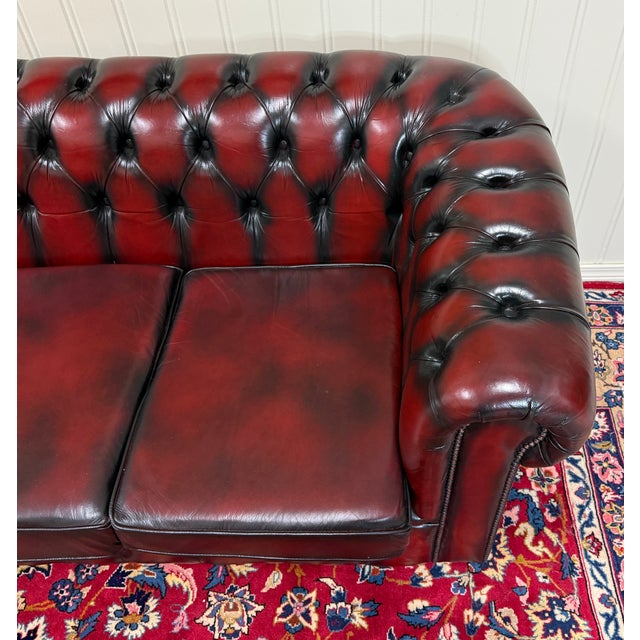 Vintage English Chesterfield Leather Tufted Sofa Oxblood Red Mid Century For Sale - Image 15 of 18