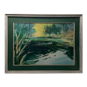 Vintage Howard Connolly 'white Ducks in Pond' Landscape Painting - Rhode Island