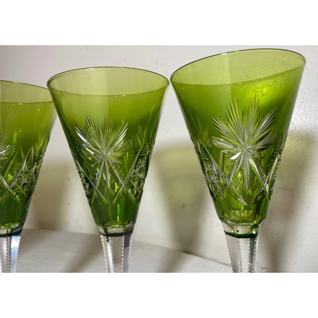 1970s 4 Hand Cut to Clear Crystal Green Glass Cordials Wine Champagne Glasses Goblet For Sale - Image 9 of 12