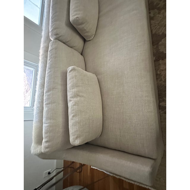Restoration Hardware Belgian Slipcovered Slope Arm Bench-Cushion Sofa in Sand Performance Linen, 7ft (Pair Available) For Sale - Image 11 of 14