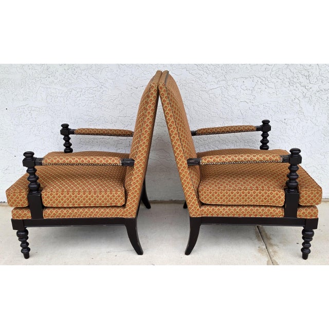 Jacobean Louis XIII Style Bobbin Turned Lounge Armchairs Ebonized Nailhead Pair For Sale - Image 14 of 15