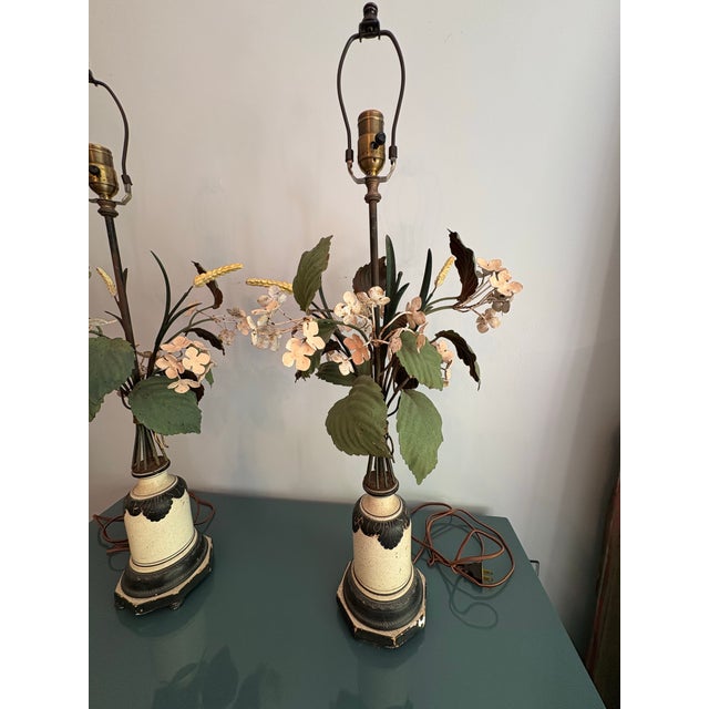 Wood Vintage Italian Tole Flower and Wheat Lamps, a Pair For Sale - Image 7 of 11