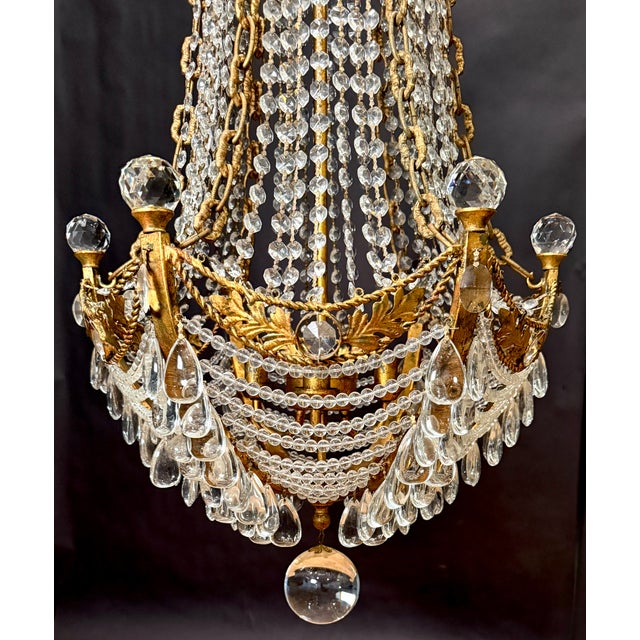 Mid 20th Century Hollywood Regency Gilt Metal & Crystal Beaded Basket Chandelier For Sale In New York - Image 6 of 9
