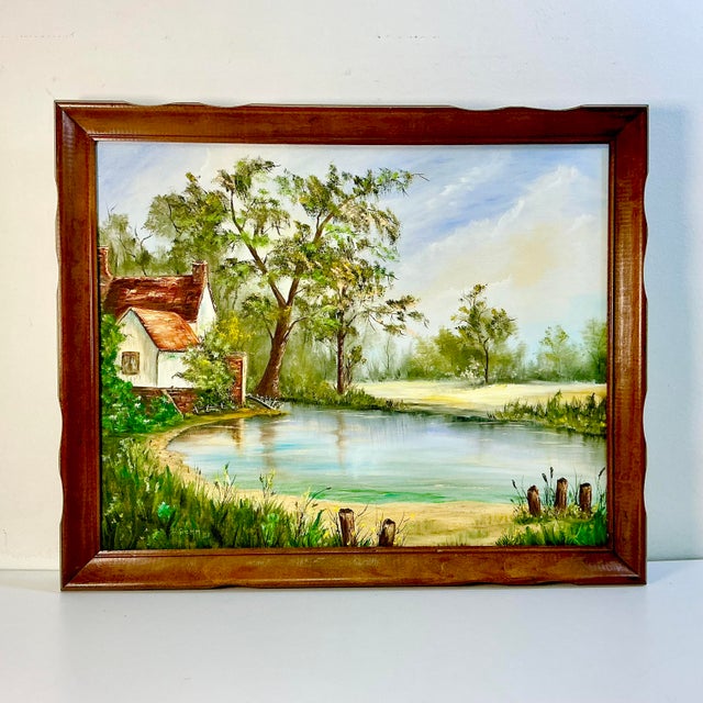 1983 Vintage Impressionist Boho Chic Original Oil Painting, Lake House by Donna Semm For Sale - Image 4 of 14