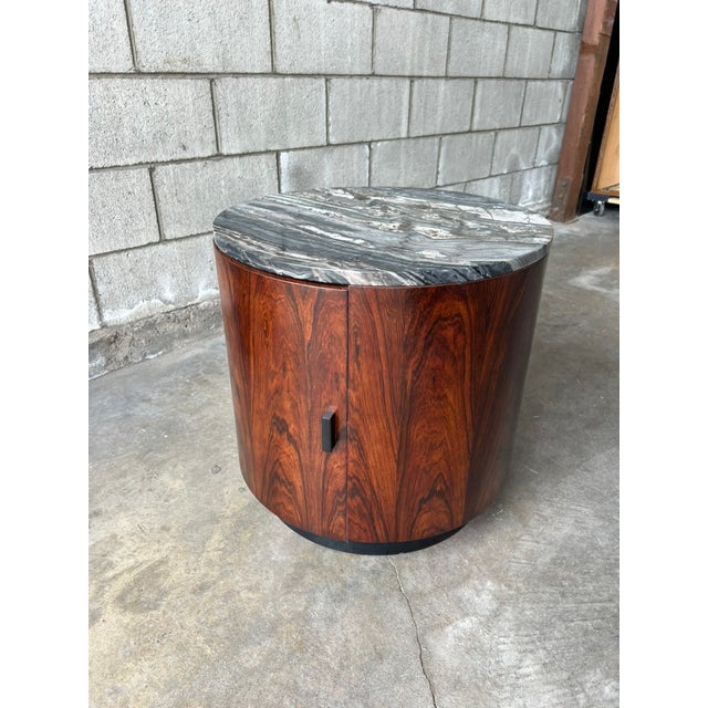 Harvey Probber Style Rosewood Drum Side Table / Bar Cabinet With Silver Wave Marble Top For Sale - Image 11 of 11