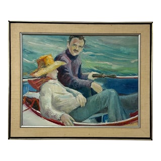 The Boatman Original Oil Painting Signed m.w. Picchi Couple Boat Nautical Art For Sale