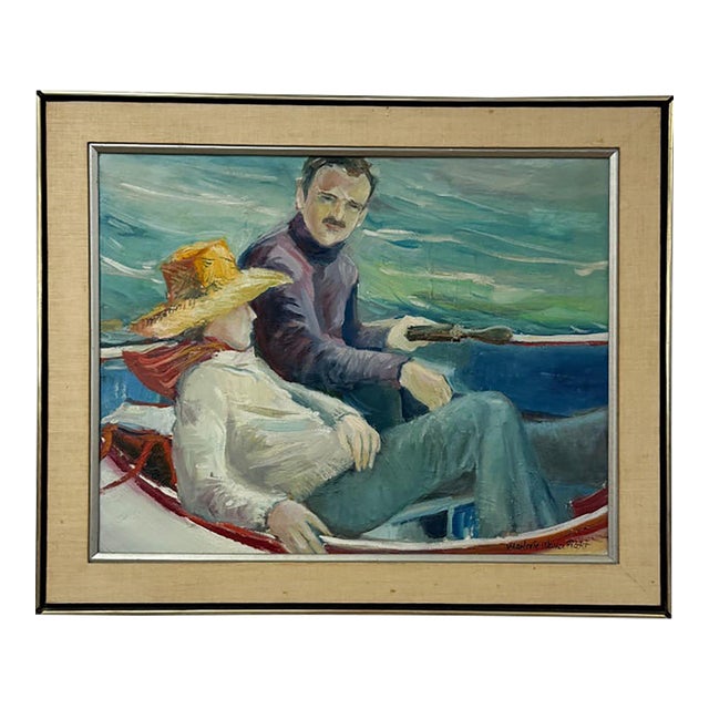 The Boatman Original Oil Painting Signed m.w. Picchi Couple Boat Nautical Art For Sale