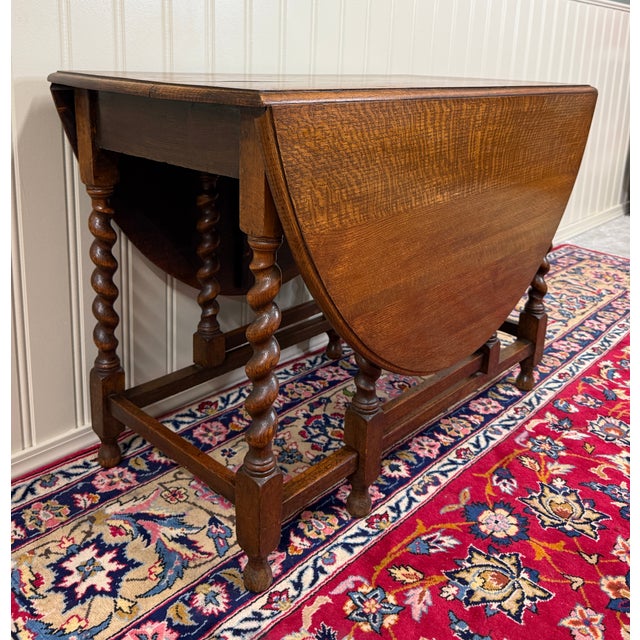 Wood Antique English Large Table Drop Leaf Gateleg Barley Twist Oak Oval C. 1920-30s For Sale - Image 7 of 18