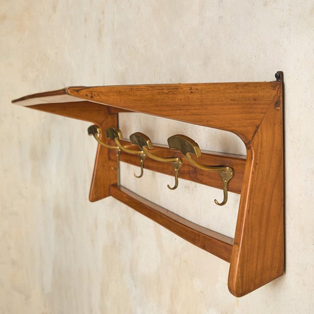 Danish Modern Cherry Wood + Brass Wall-Mounted Coat Rack, 1960s For Sale In Chicago - Image 6 of 9