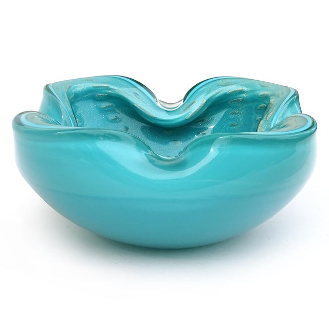 Murano Vintage Murano Alfredo Barbini Teal Blue Green Gold Fleck Bubbles Italian Art Glass Ashtray Bowl For Sale - Image 4 of 6