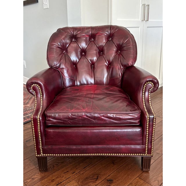Vintage Hancock & Moore Mid-Century Tufted Leather Club Chair – Burgundy Leather, Mahogany Legs, Brass Nailhead Trim For Sale - Image 10 of 10