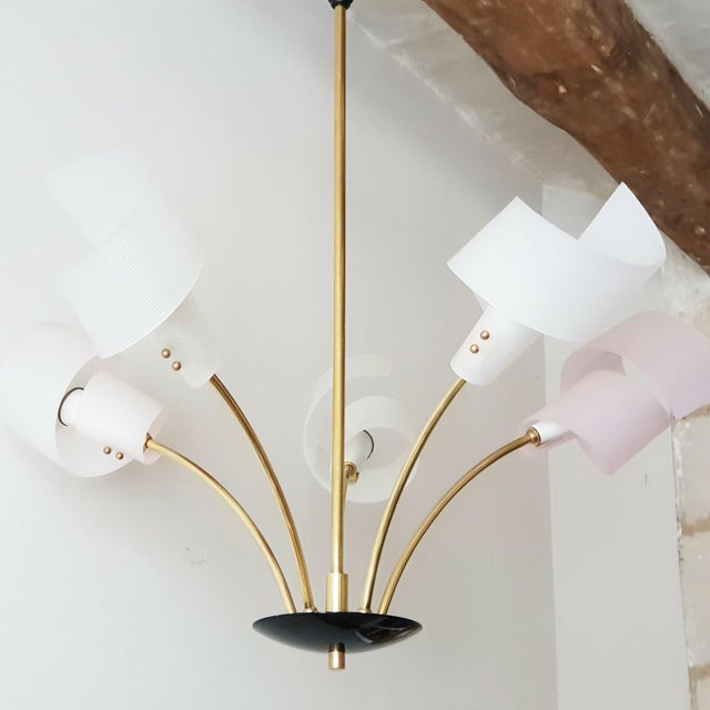 Good overall condition. Brass & plastic. Height 66 cm. Length 60 cm. Width 80 cm. Working. Very beautiful chandelier. Up...