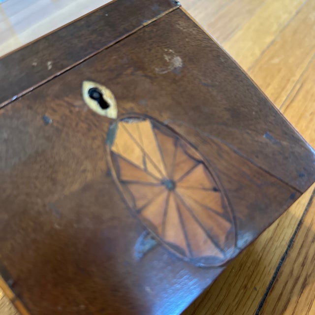 Antique Wooden Inlaid Tea Caddy / Lock Box Small Lid, Lined For Sale - Image 11 of 11